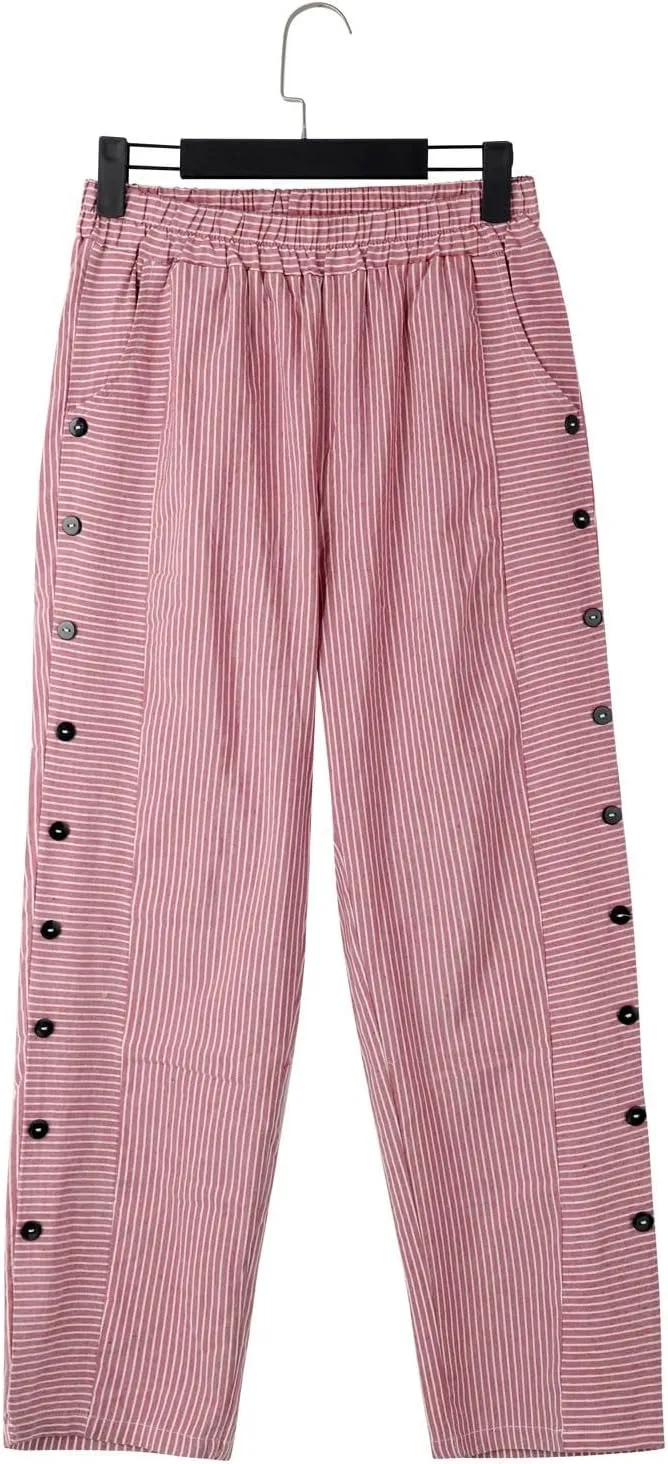 NREALY Striped Linen Pants for Women Wide Straight Leg Side Button Pants Womens 2024 Baggy Elastic Waist Pants