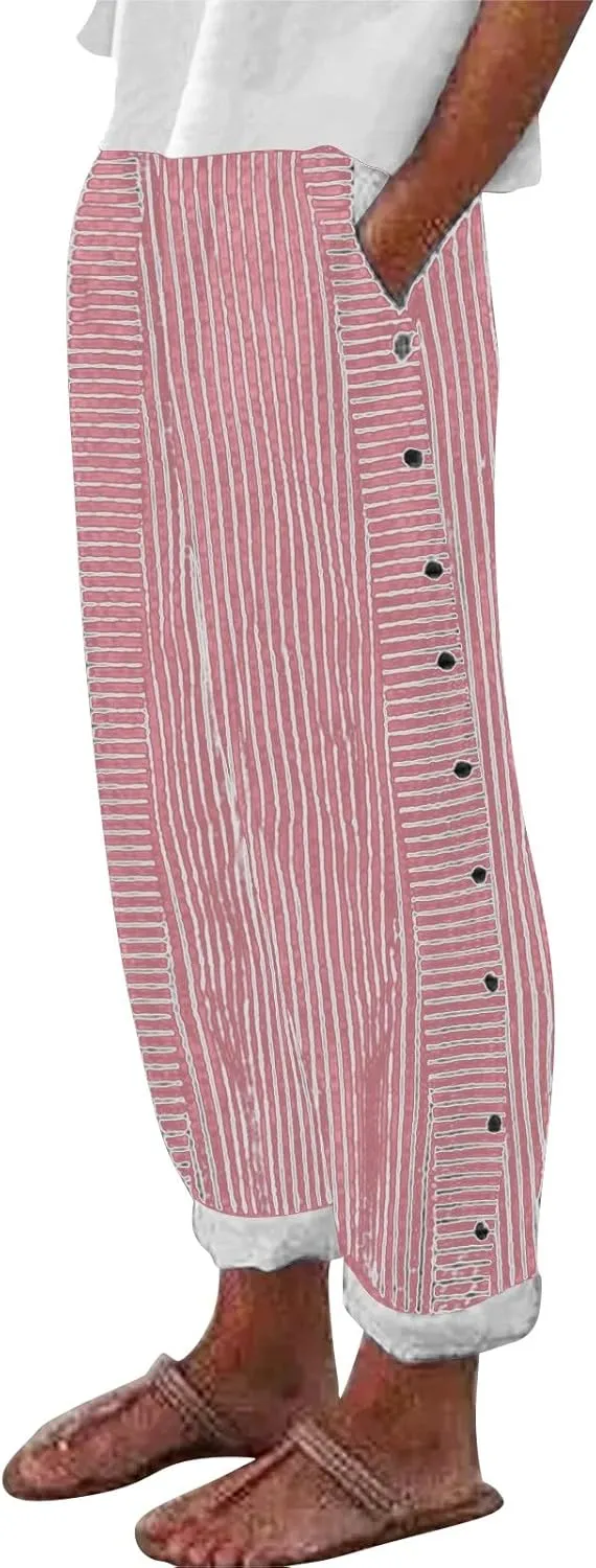 NREALY Striped Linen Pants for Women Wide Straight Leg Side Button Pants Womens 2024 Baggy Elastic Waist Pants