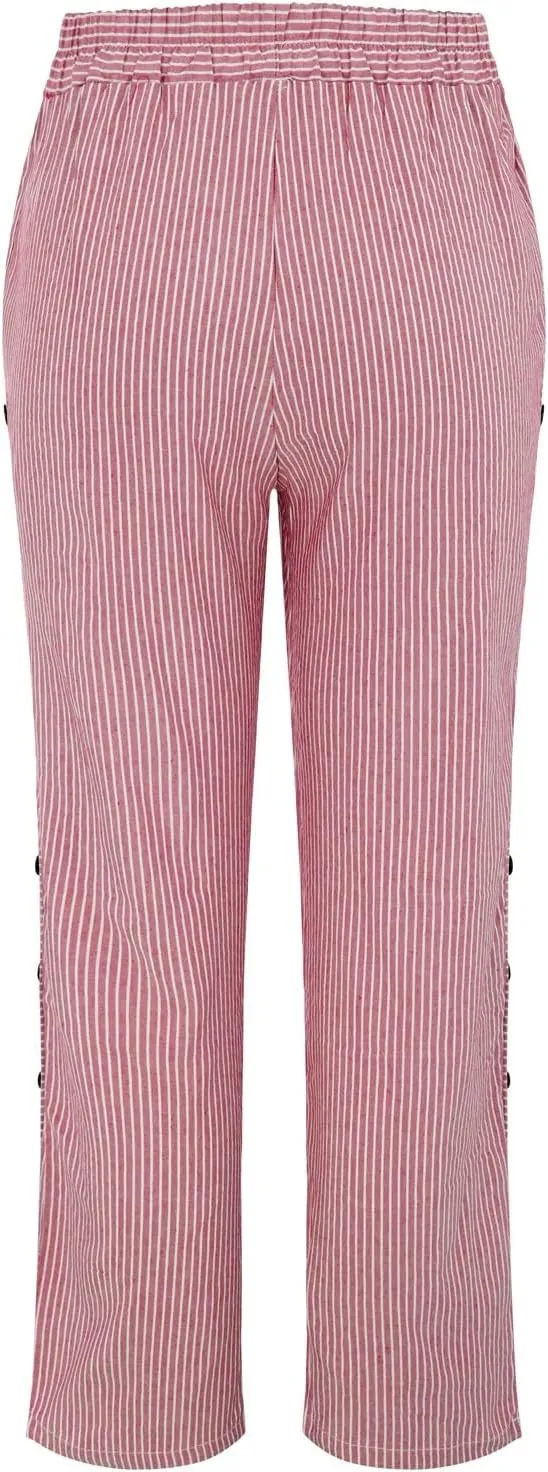 NREALY Striped Linen Pants for Women Wide Straight Leg Side Button Pants Womens 2024 Baggy Elastic Waist Pants