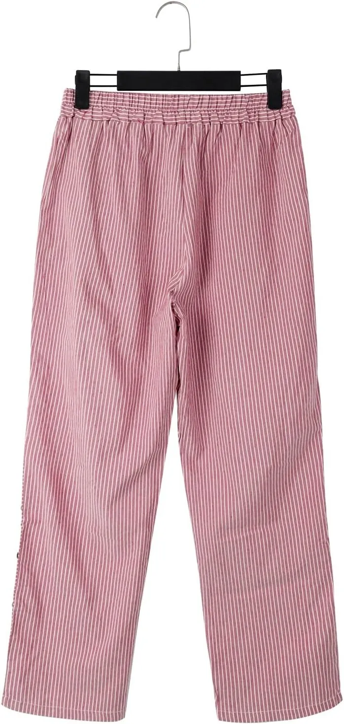NREALY Striped Linen Pants for Women Wide Straight Leg Side Button Pants Womens 2024 Baggy Elastic Waist Pants
