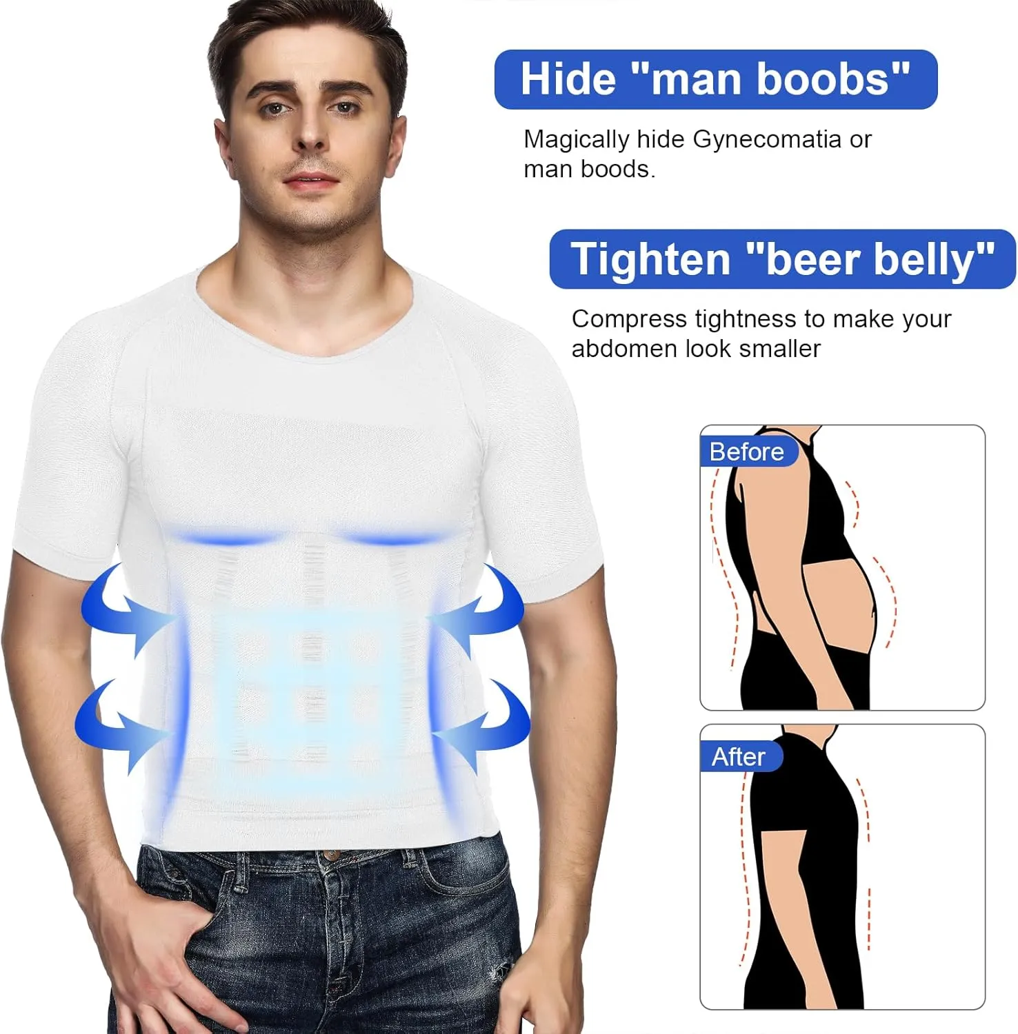 Odoland Men's Compression Shirt, Short Sleeve Shapewear Body Shaper, Slimming Shirt Tank Top Tummy Vest
