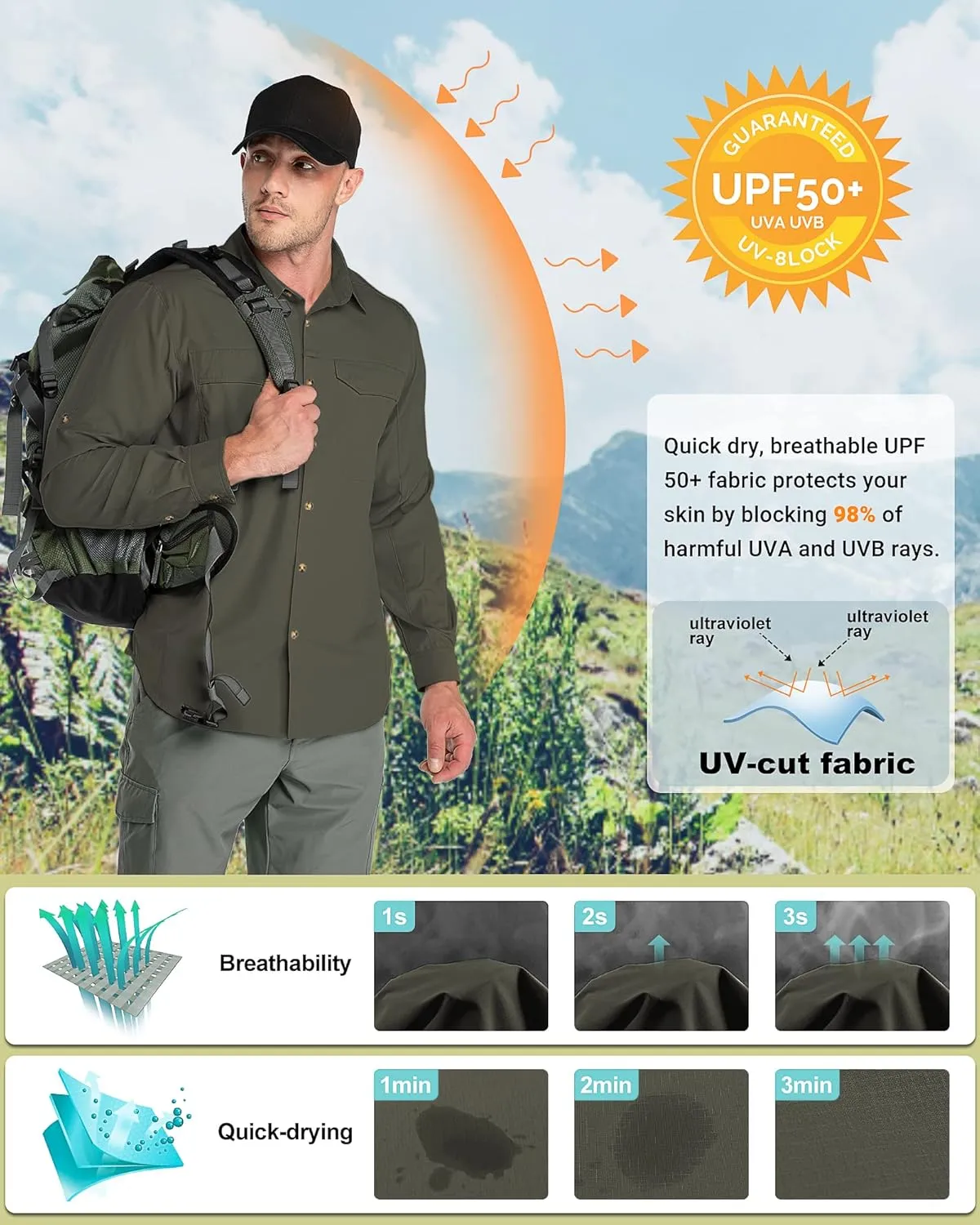 Outdoor Ventures Men's UPF 50  UV Sun Protection SPF Hiking Shirt Long Sleeve Lightweight Quick Dry for Safari Travel Fishing