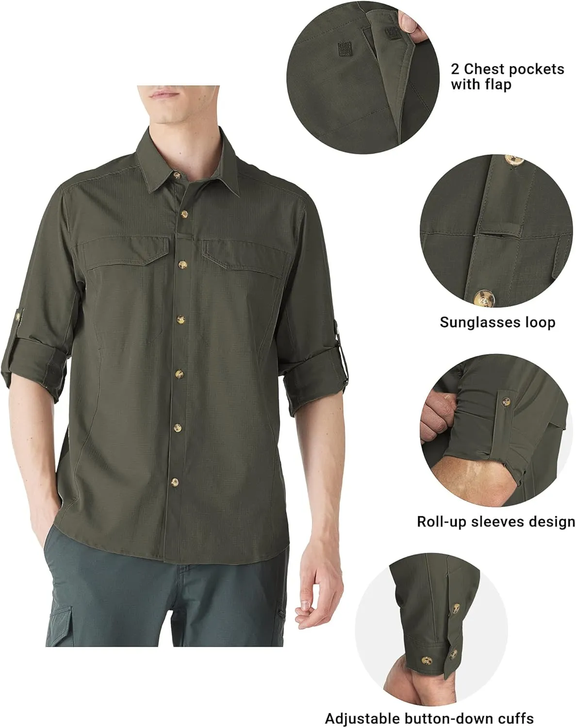 Outdoor Ventures Men's UPF 50  UV Sun Protection SPF Hiking Shirt Long Sleeve Lightweight Quick Dry for Safari Travel Fishing