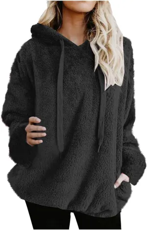 Oversized Fleece Hoodies For Women Comfy Long Sleeve Drawstring Hooded Fuzzy Sweatshirt Winter Solid Color Pullover