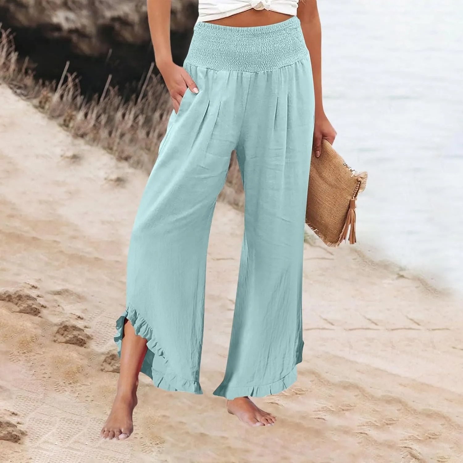 Palazzo Cotton Linen Pants Women Casual Smocked Waisted Ruffle Hem Wide Leg Pants Summer Loose Beach Pant with Pockets