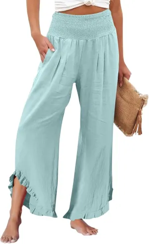 Palazzo Cotton Linen Pants Women Casual Smocked Waisted Ruffle Hem Wide Leg Pants Summer Loose Beach Pant with Pockets