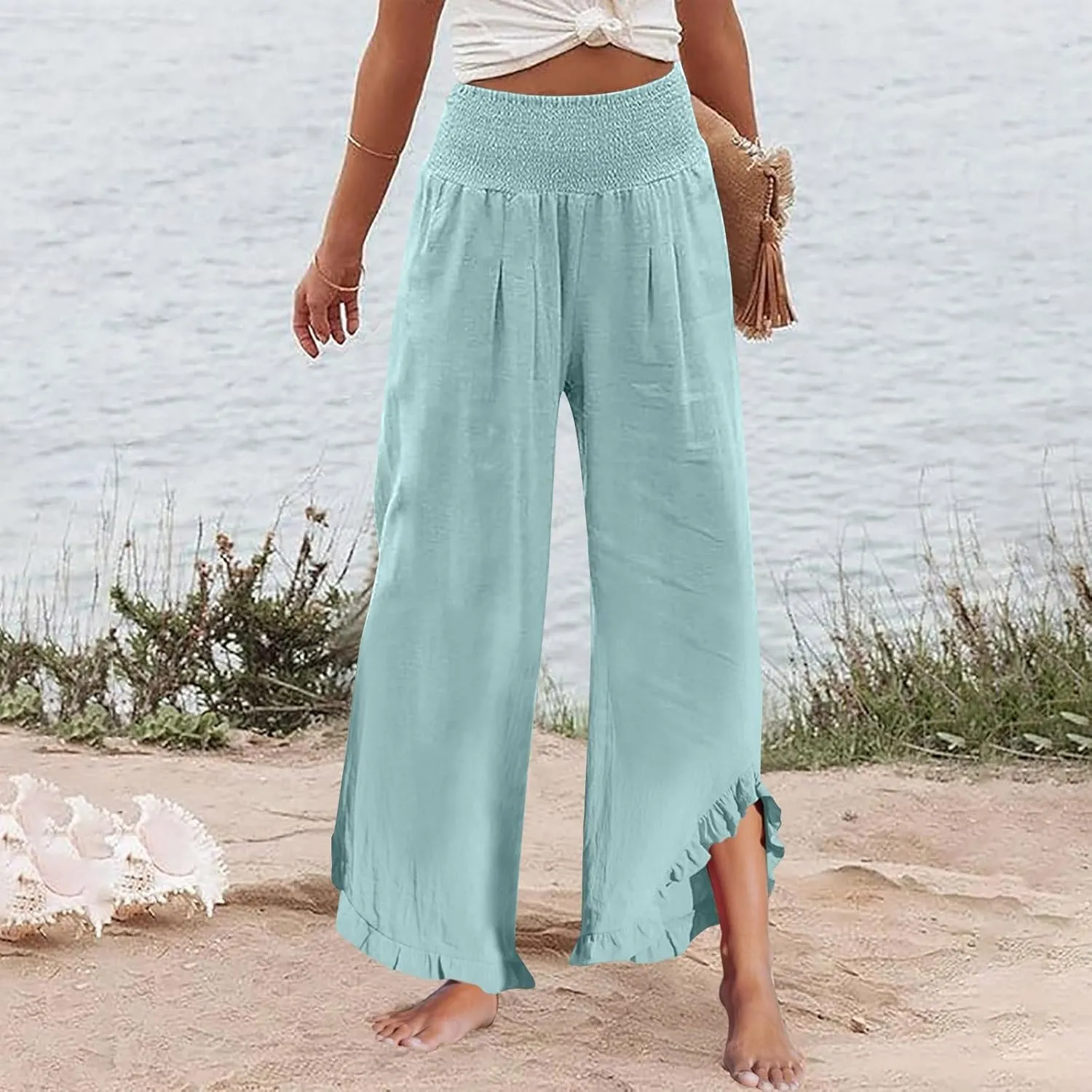 Palazzo Cotton Linen Pants Women Casual Smocked Waisted Ruffle Hem Wide Leg Pants Summer Loose Beach Pant with Pockets