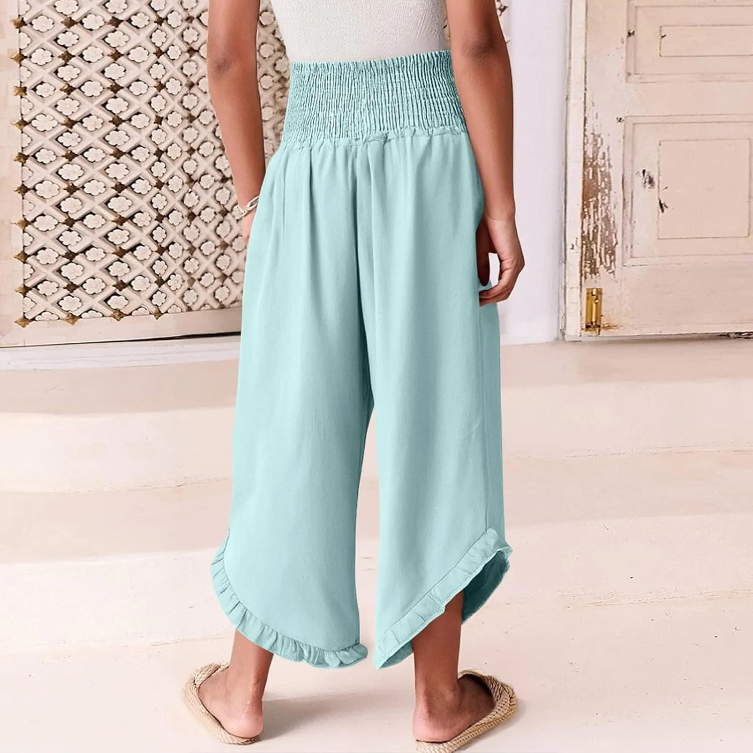 Palazzo Cotton Linen Pants Women Casual Smocked Waisted Ruffle Hem Wide Leg Pants Summer Loose Beach Pant with Pockets