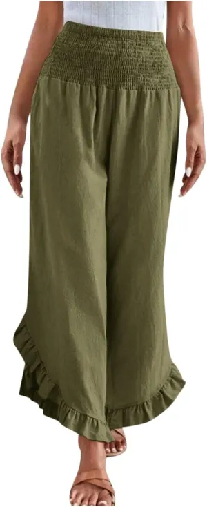 Palazzo Pants for Women Stretch Smocked High Waisted Ruffle Hem Loose Fit Pant Summer Casual Linen Wide Leg Trousers
