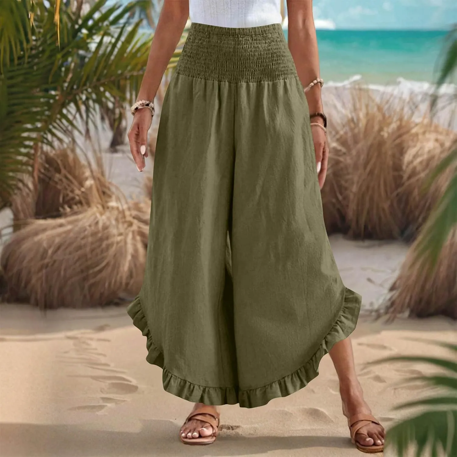 Palazzo Pants for Women Stretch Smocked High Waisted Ruffle Hem Loose Fit Pant Summer Casual Linen Wide Leg Trousers