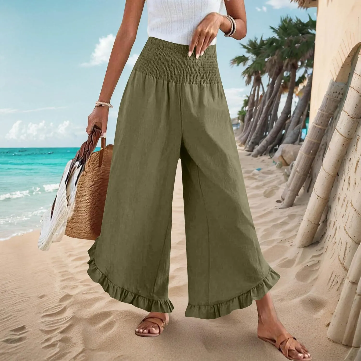 Palazzo Pants for Women Stretch Smocked High Waisted Ruffle Hem Loose Fit Pant Summer Casual Linen Wide Leg Trousers