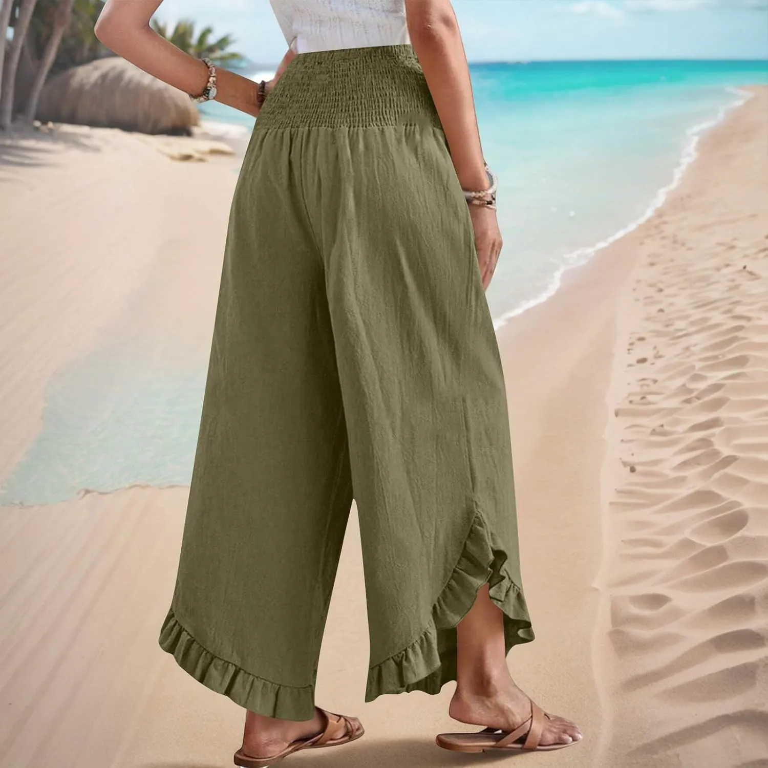 Palazzo Pants for Women Stretch Smocked High Waisted Ruffle Hem Loose Fit Pant Summer Casual Linen Wide Leg Trousers