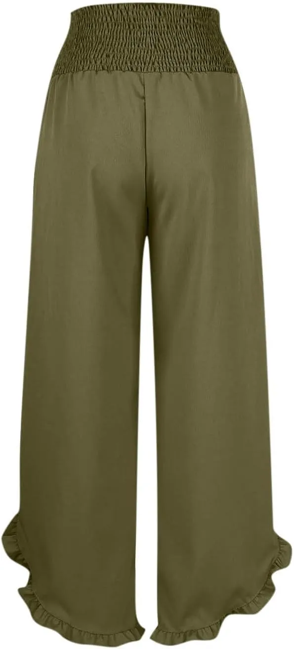 Palazzo Pants for Women Stretch Smocked High Waisted Ruffle Hem Loose Fit Pant Summer Casual Linen Wide Leg Trousers
