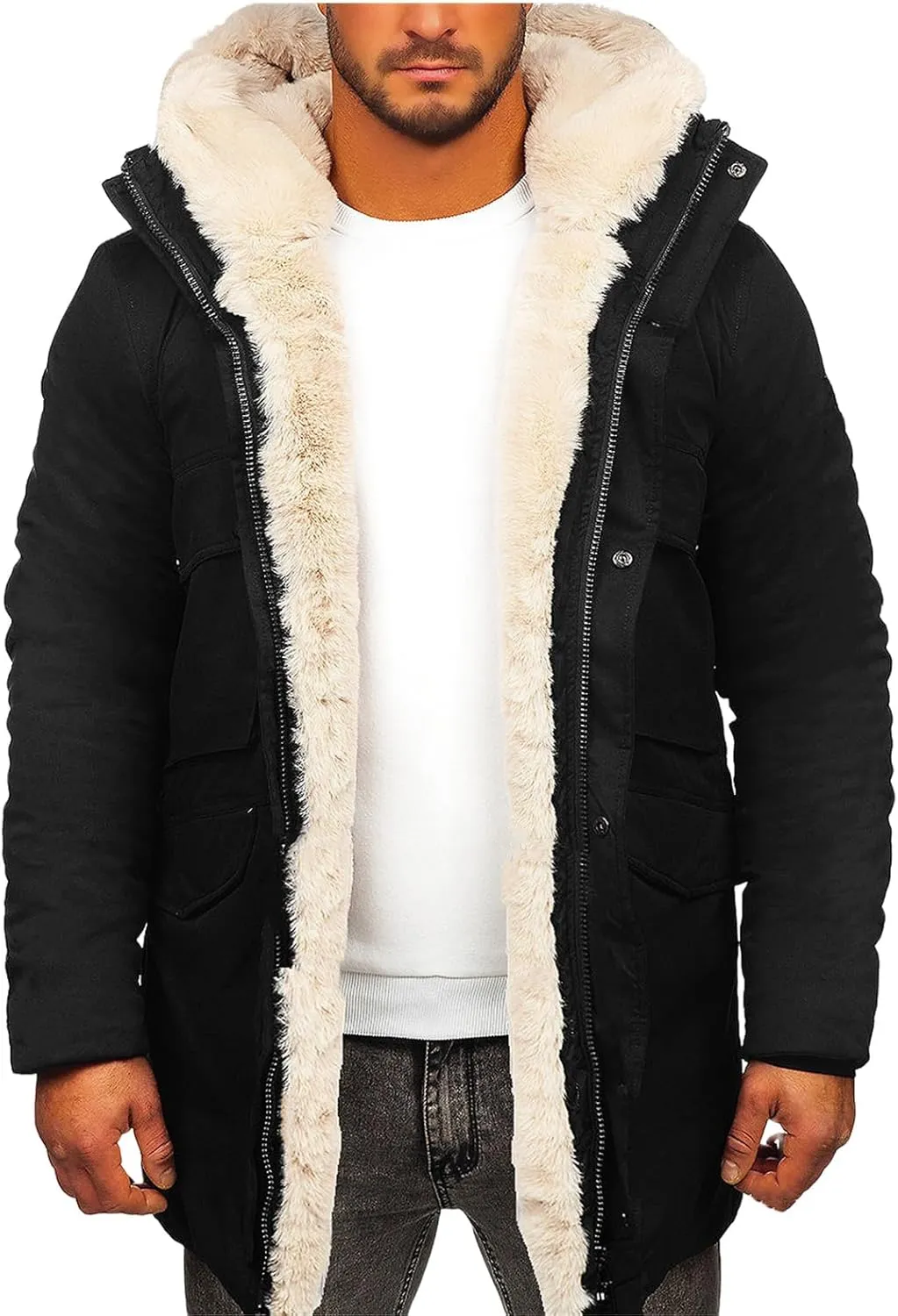 Parka Jacket Men Heavy Warm Thick Fleece Lined Long Winter Coats Hooded Windproof Long Trench Jacket Outerwear Oversize