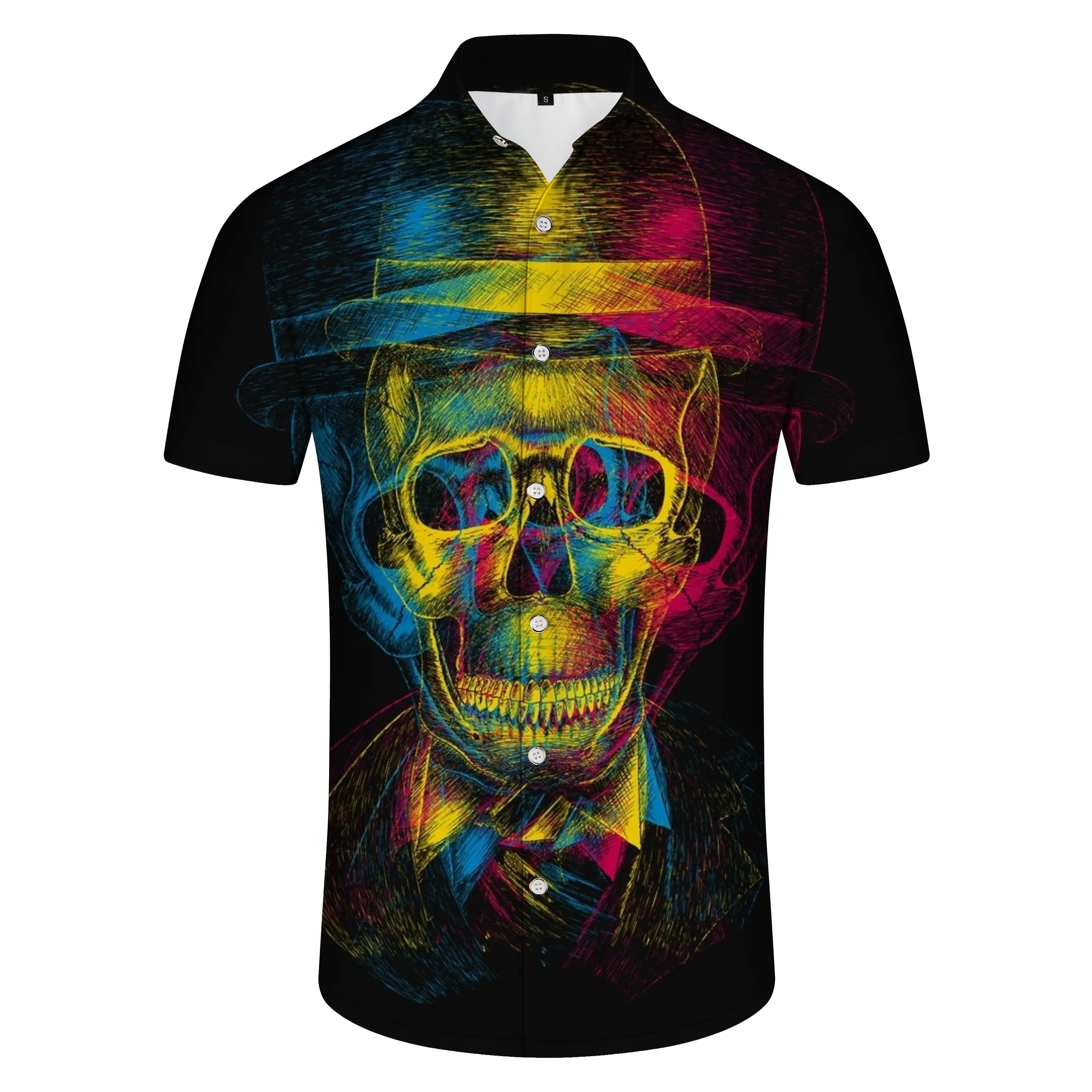 Party Hawaiian Button Men's Colored Skull Short Sleeve Costume Casual Shirt