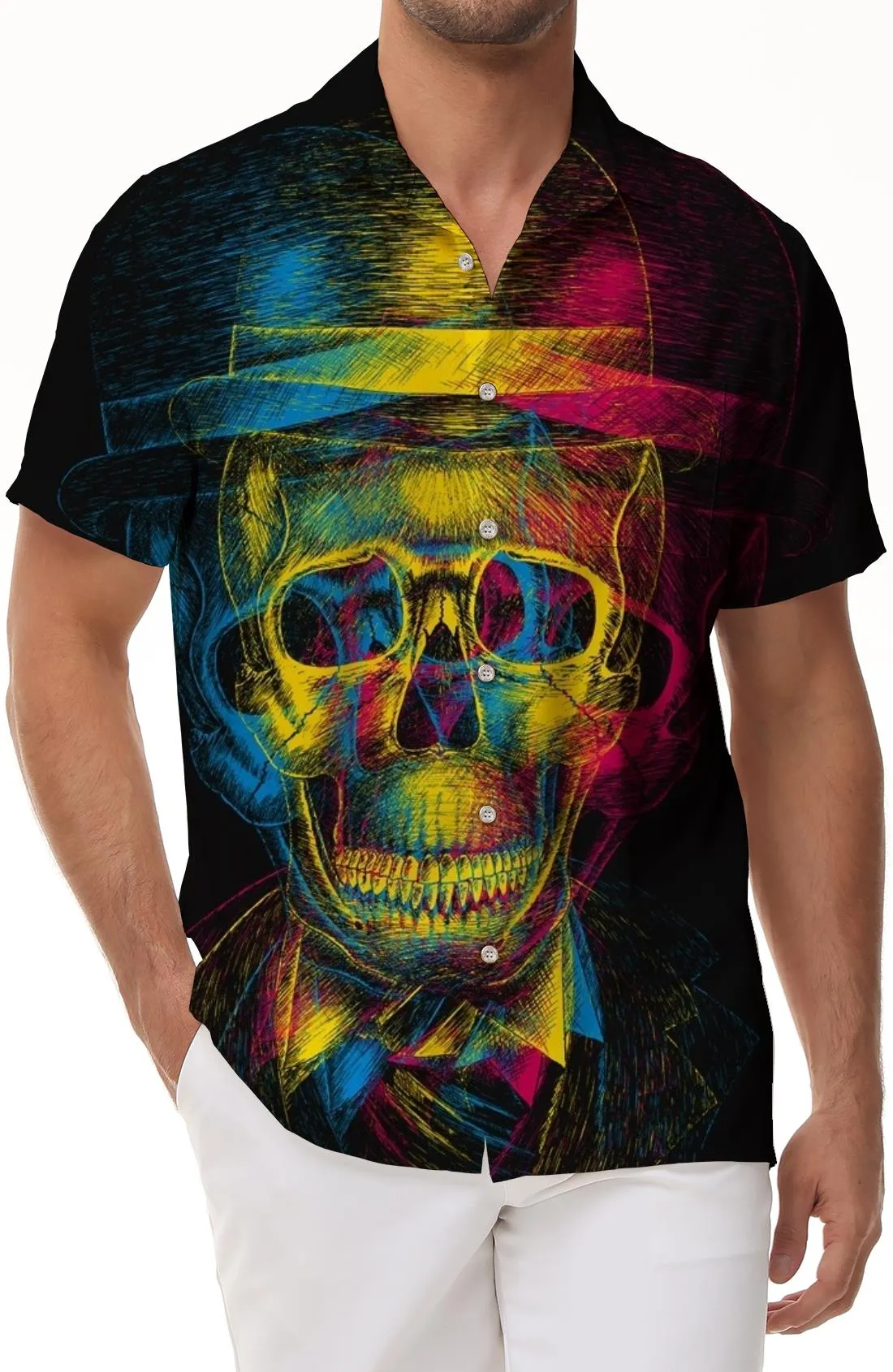 Party Hawaiian Button Men's Colored Skull Short Sleeve Costume Casual Shirt