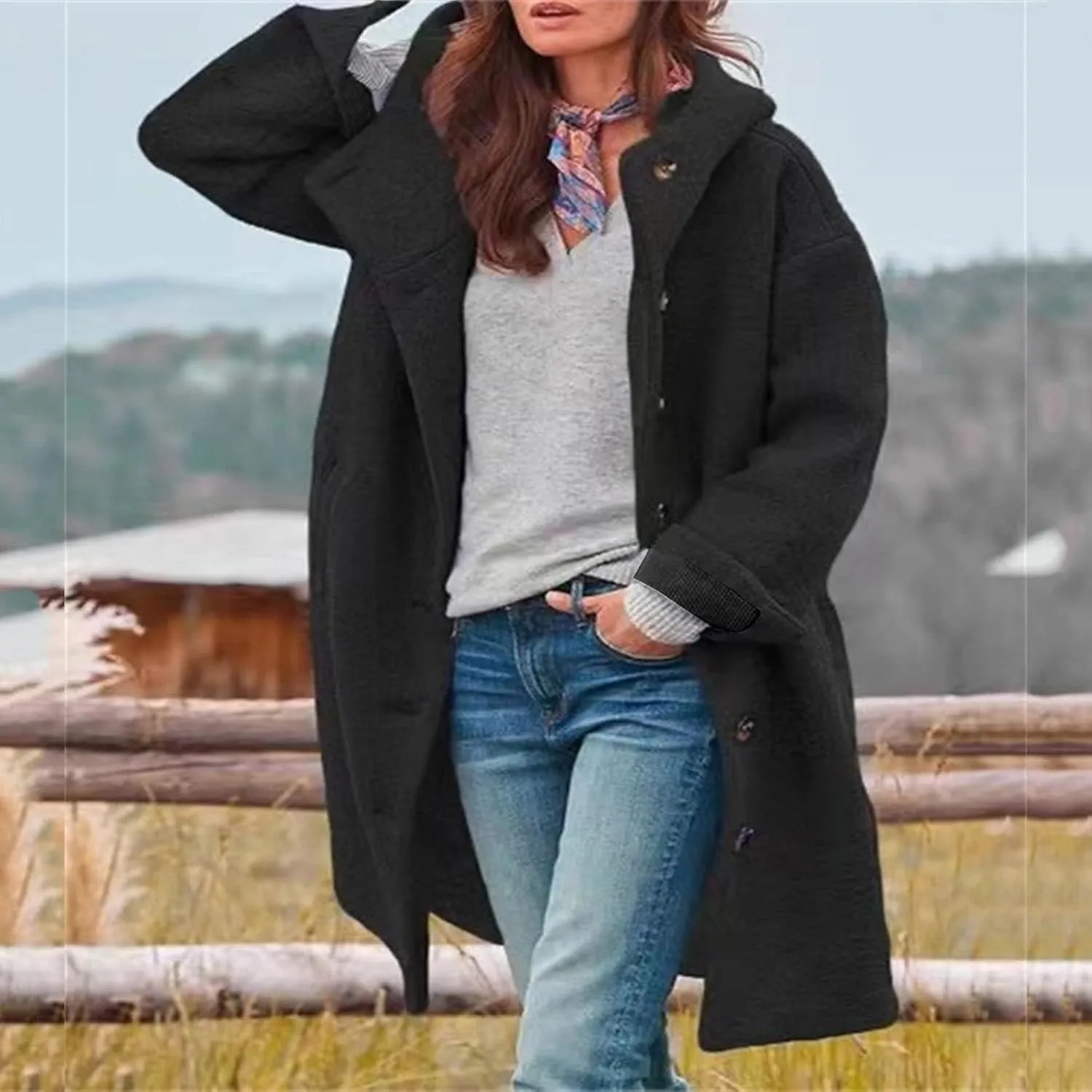Pea Coats for Women Woolen Long Hooded Coat Fleece Jacket Button Down Winter Warm Outwear Casual Pea Coat with Pocket