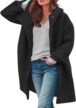 Pea Coats for Women Woolen Long Hooded Coat Fleece Jacket Button Down Winter Warm Outwear Casual Pea Coat with Pocket