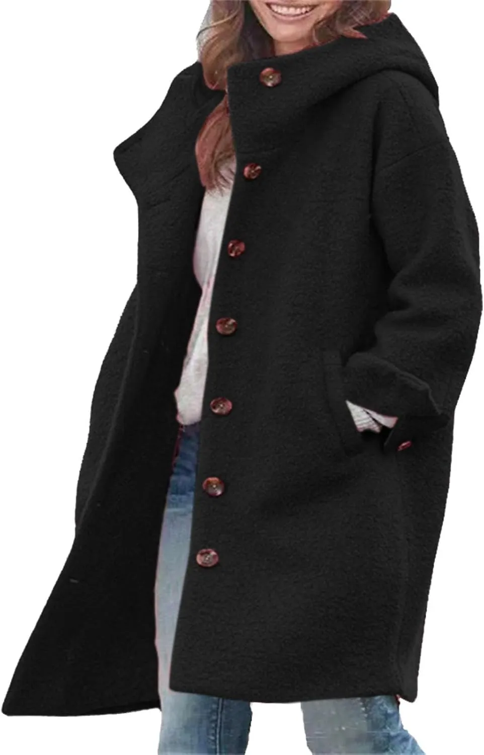 Pea Coats for Women Woolen Long Hooded Coat Fleece Jacket Button Down Winter Warm Outwear Casual Pea Coat with Pocket