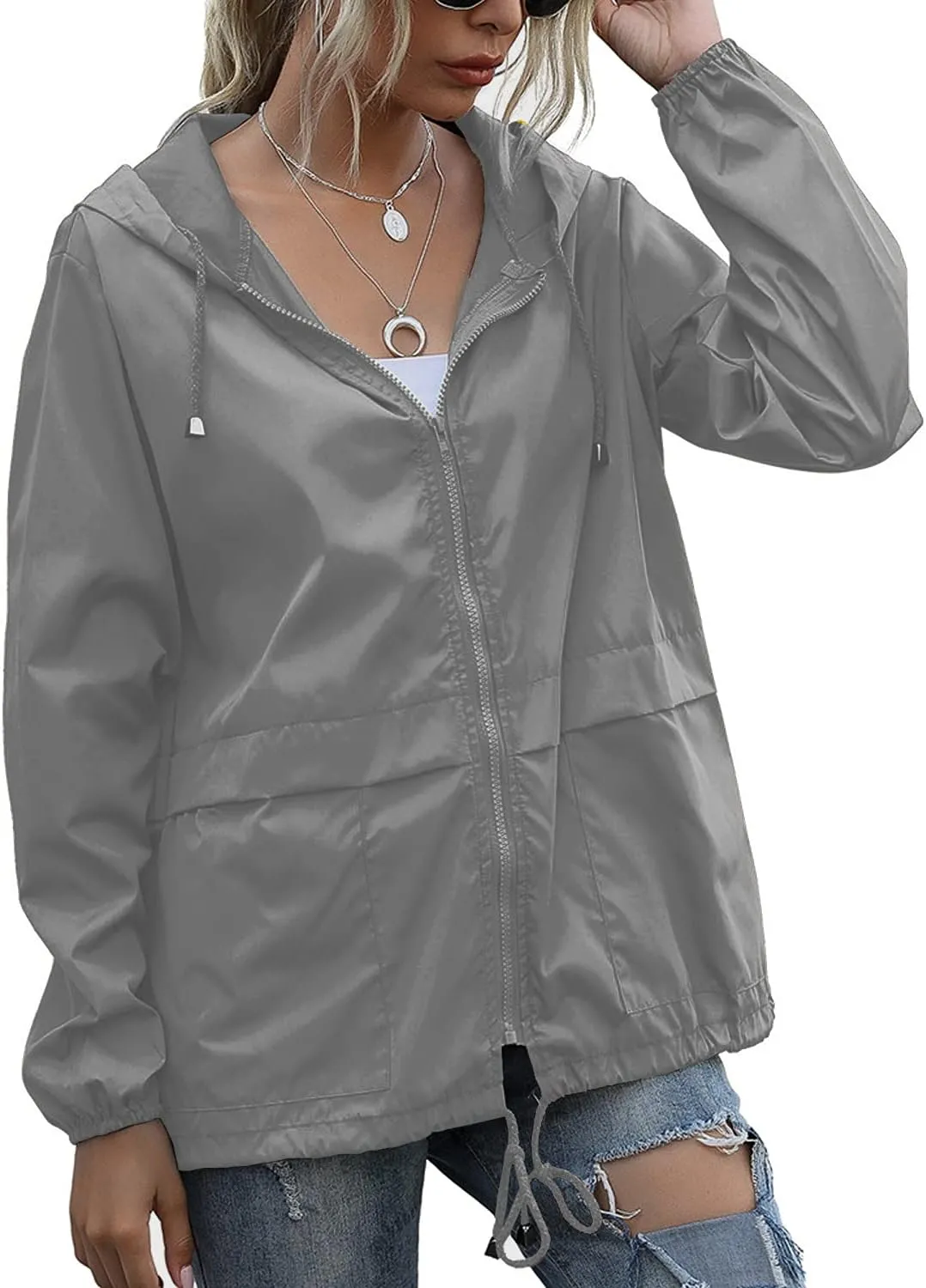 PESION Women's Waterproof Raincoat Lightweight Rain Jacket Hooded Windbreaker with Pocket for Outdoor