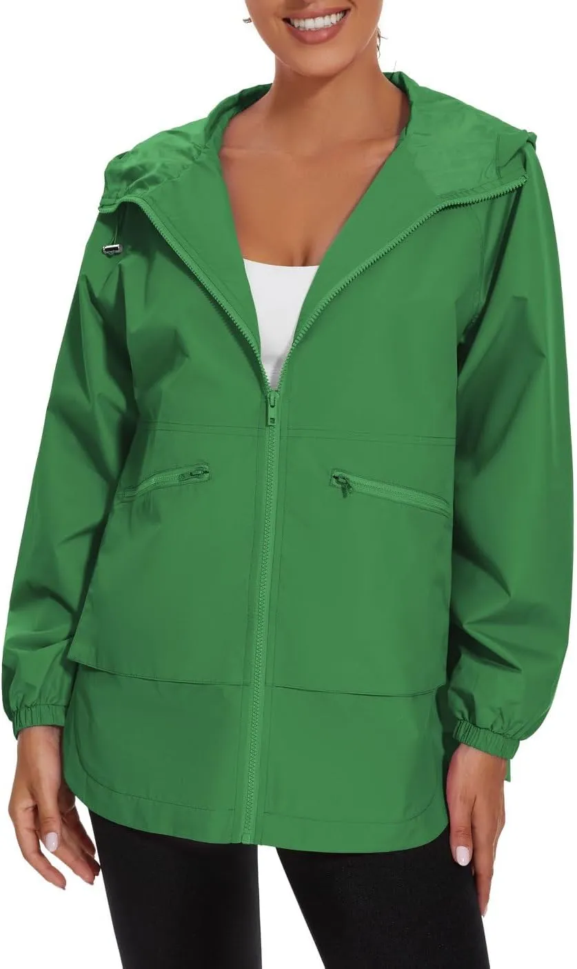PESION Womens Waterproof Raincoat Lightweight Rain Jacket Trench Coat Hooded Windbreaker With Pockets for Outdoor