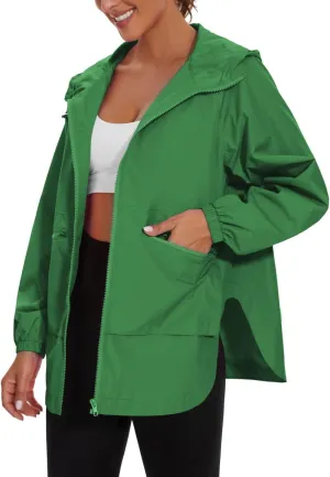 PESION Womens Waterproof Raincoat Lightweight Rain Jacket Trench Coat Hooded Windbreaker With Pockets for Outdoor