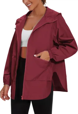 PESION Womens Waterproof Raincoat Lightweight Rain Jacket Trench Coat Hooded Windbreaker With Pockets for Outdoor