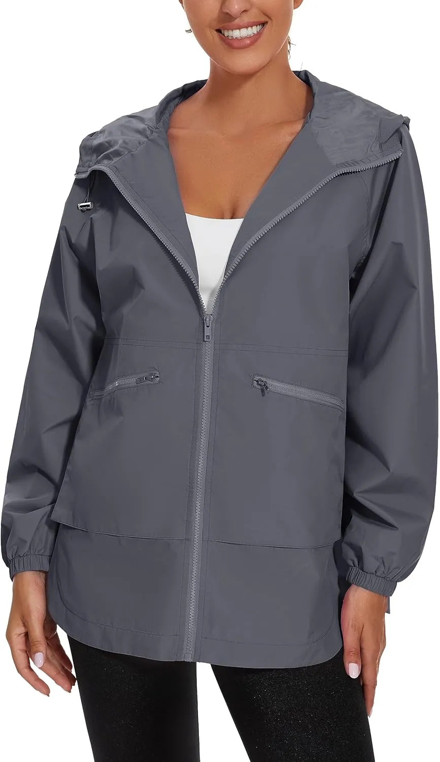 PESION Womens Waterproof Raincoat Lightweight Rain Jacket Trench Coat Hooded Windbreaker With Pockets for Outdoor