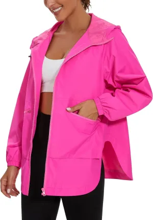 PESION Womens Waterproof Raincoat Lightweight Rain Jacket Trench Coat Hooded Windbreaker With Pockets for Outdoor
