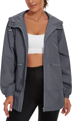 PESION Womens Waterproof Raincoat Lightweight Rain Jacket Trench Coat Hooded Windbreaker With Pockets for Outdoor