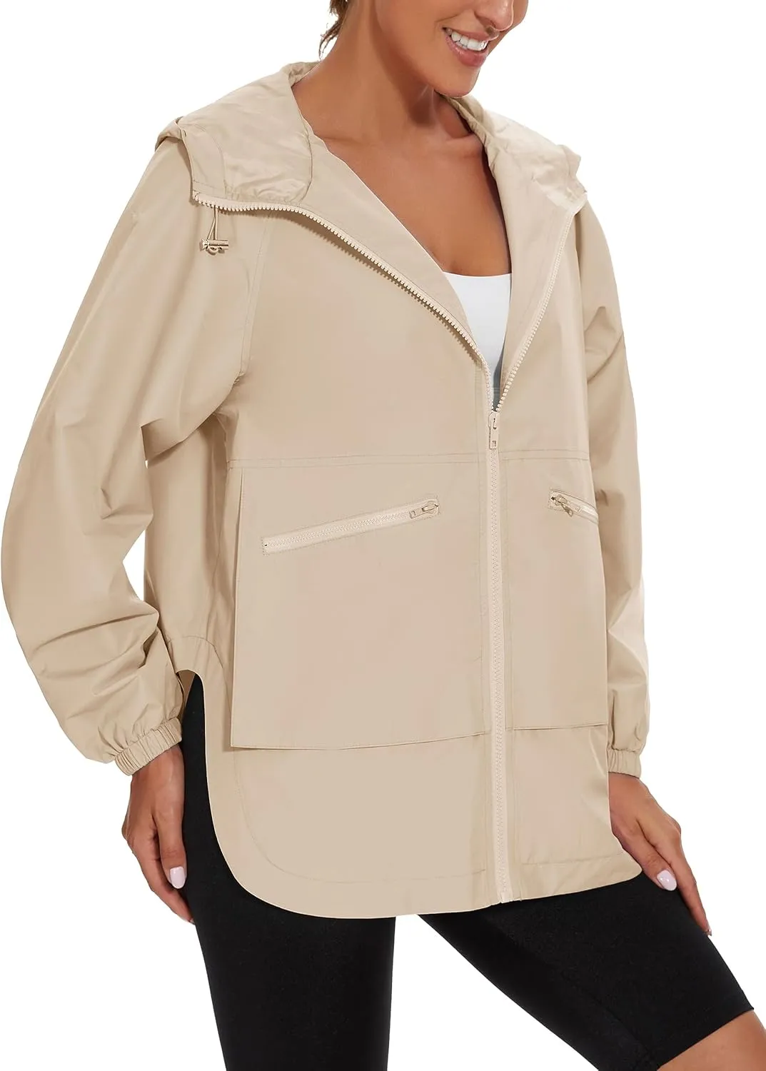 PESION Womens Waterproof Raincoat Lightweight Rain Jacket Trench Coat Hooded Windbreaker With Pockets for Outdoor