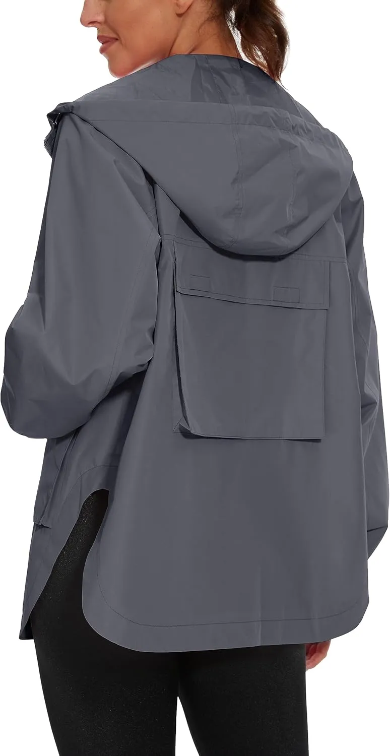 PESION Womens Waterproof Raincoat Lightweight Rain Jacket Trench Coat Hooded Windbreaker With Pockets for Outdoor