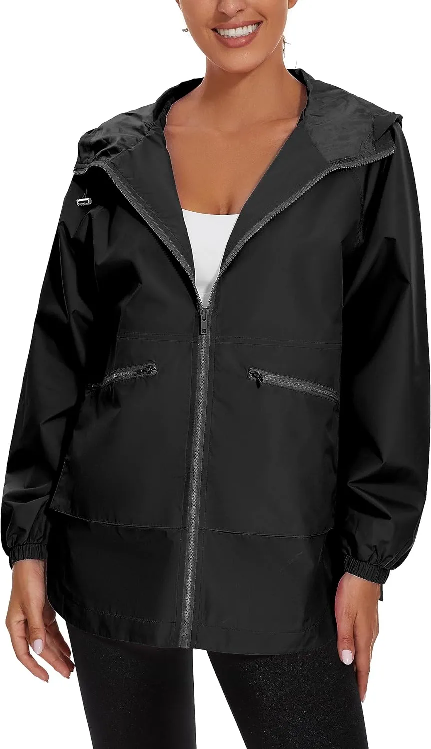 PESION Womens Waterproof Raincoat Lightweight Rain Jacket Trench Coat Hooded Windbreaker With Pockets for Outdoor