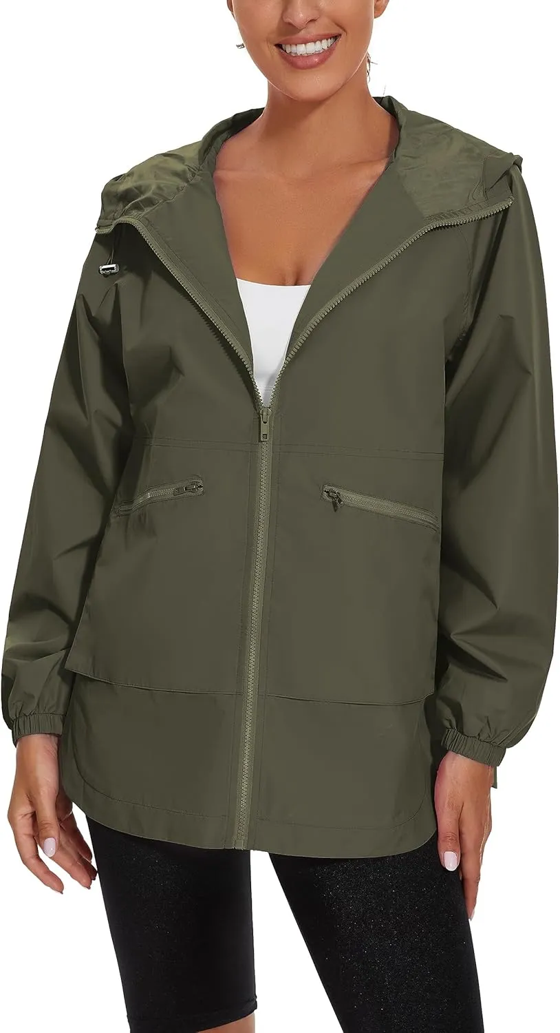 PESION Womens Waterproof Raincoat Lightweight Rain Jacket Trench Coat Hooded Windbreaker With Pockets for Outdoor
