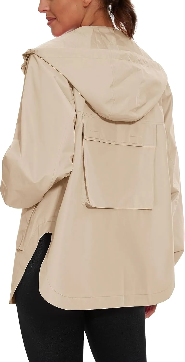PESION Womens Waterproof Raincoat Lightweight Rain Jacket Trench Coat Hooded Windbreaker With Pockets for Outdoor