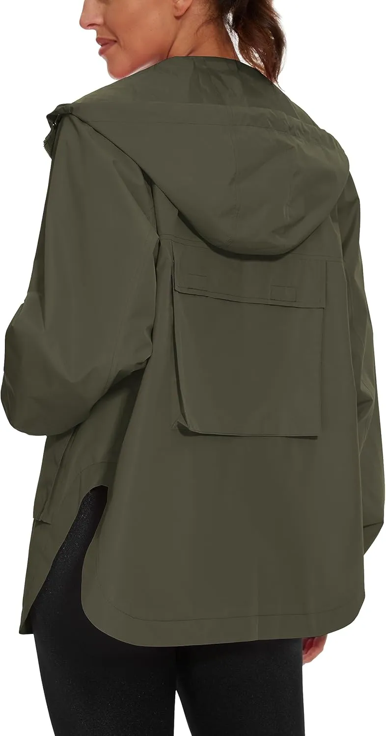 PESION Womens Waterproof Raincoat Lightweight Rain Jacket Trench Coat Hooded Windbreaker With Pockets for Outdoor