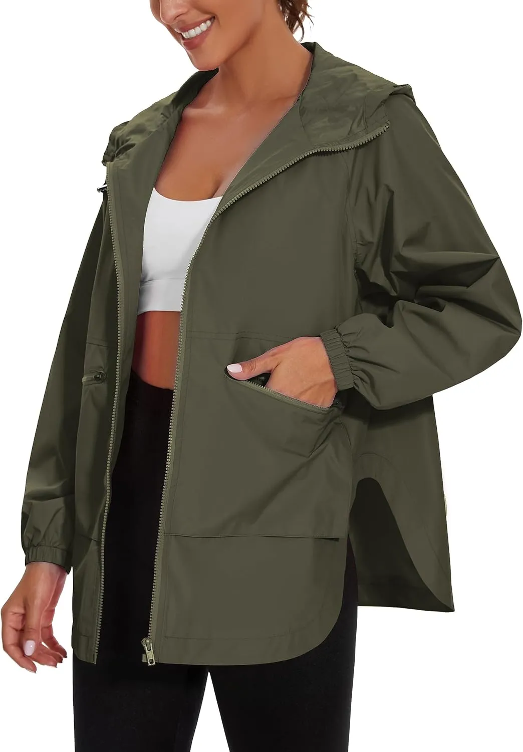 PESION Womens Waterproof Raincoat Lightweight Rain Jacket Trench Coat Hooded Windbreaker With Pockets for Outdoor