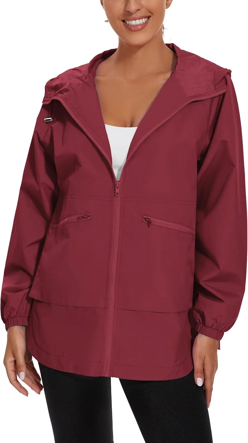 PESION Womens Waterproof Raincoat Lightweight Rain Jacket Trench Coat Hooded Windbreaker With Pockets for Outdoor