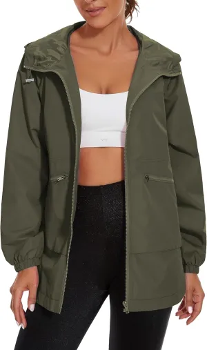 PESION Womens Waterproof Raincoat Lightweight Rain Jacket Trench Coat Hooded Windbreaker With Pockets for Outdoor