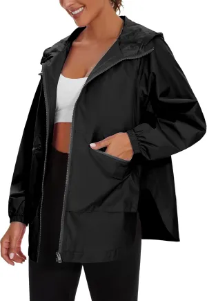 PESION Womens Waterproof Raincoat Lightweight Rain Jacket Trench Coat Hooded Windbreaker With Pockets for Outdoor