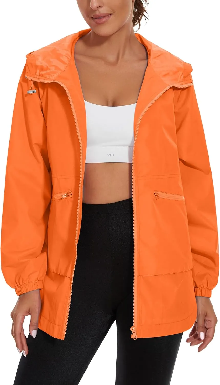 PESION Womens Waterproof Raincoat Lightweight Rain Jacket Trench Coat Hooded Windbreaker With Pockets for Outdoor