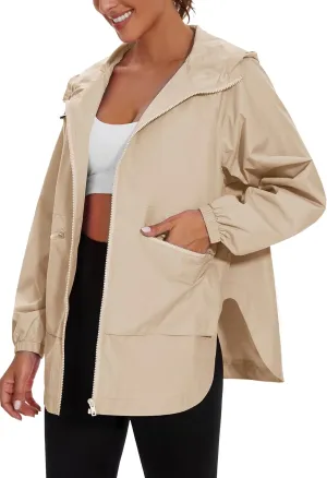 PESION Womens Waterproof Raincoat Lightweight Rain Jacket Trench Coat Hooded Windbreaker With Pockets for Outdoor