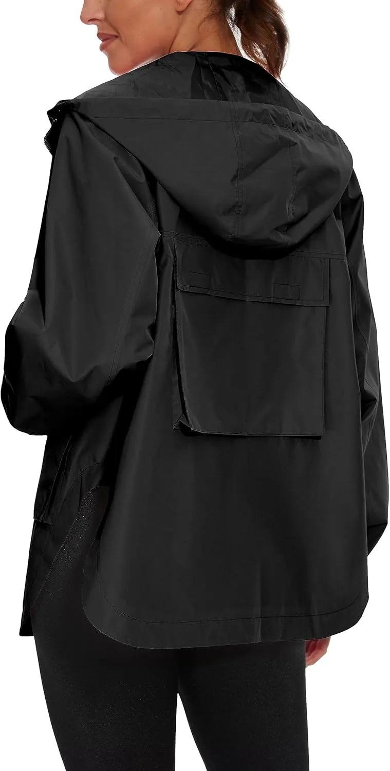 PESION Womens Waterproof Raincoat Lightweight Rain Jacket Trench Coat Hooded Windbreaker With Pockets for Outdoor