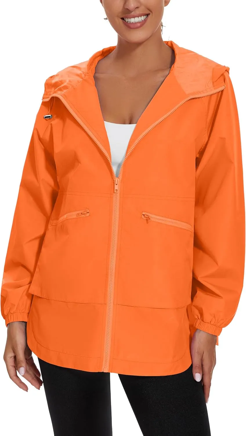 PESION Womens Waterproof Raincoat Lightweight Rain Jacket Trench Coat Hooded Windbreaker With Pockets for Outdoor