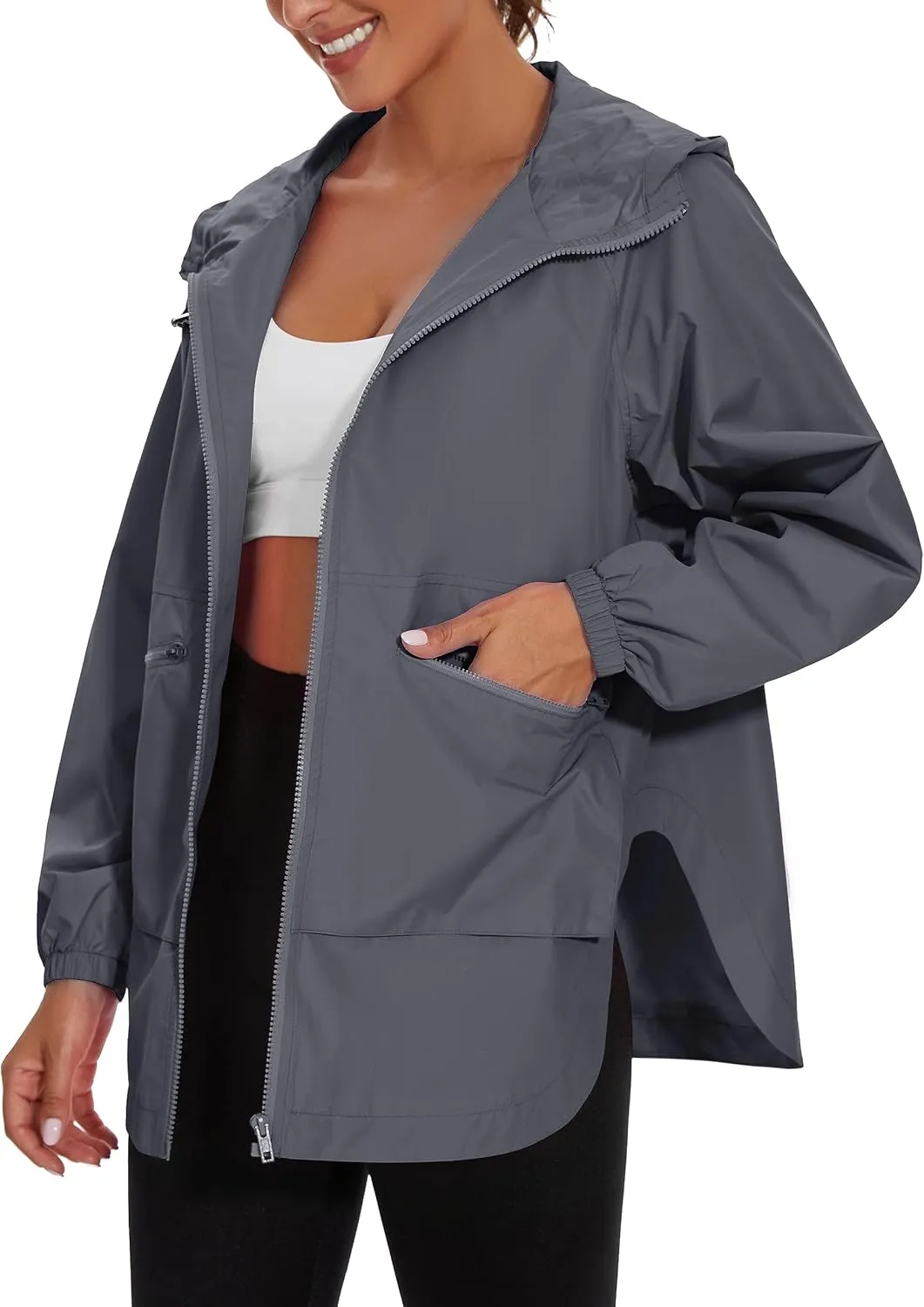 PESION Womens Waterproof Raincoat Lightweight Rain Jacket Trench Coat Hooded Windbreaker With Pockets for Outdoor