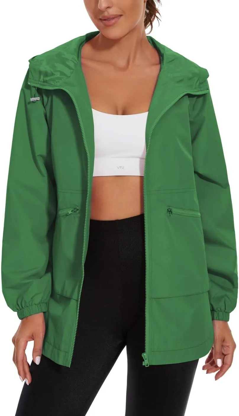 PESION Womens Waterproof Raincoat Lightweight Rain Jacket Trench Coat Hooded Windbreaker With Pockets for Outdoor