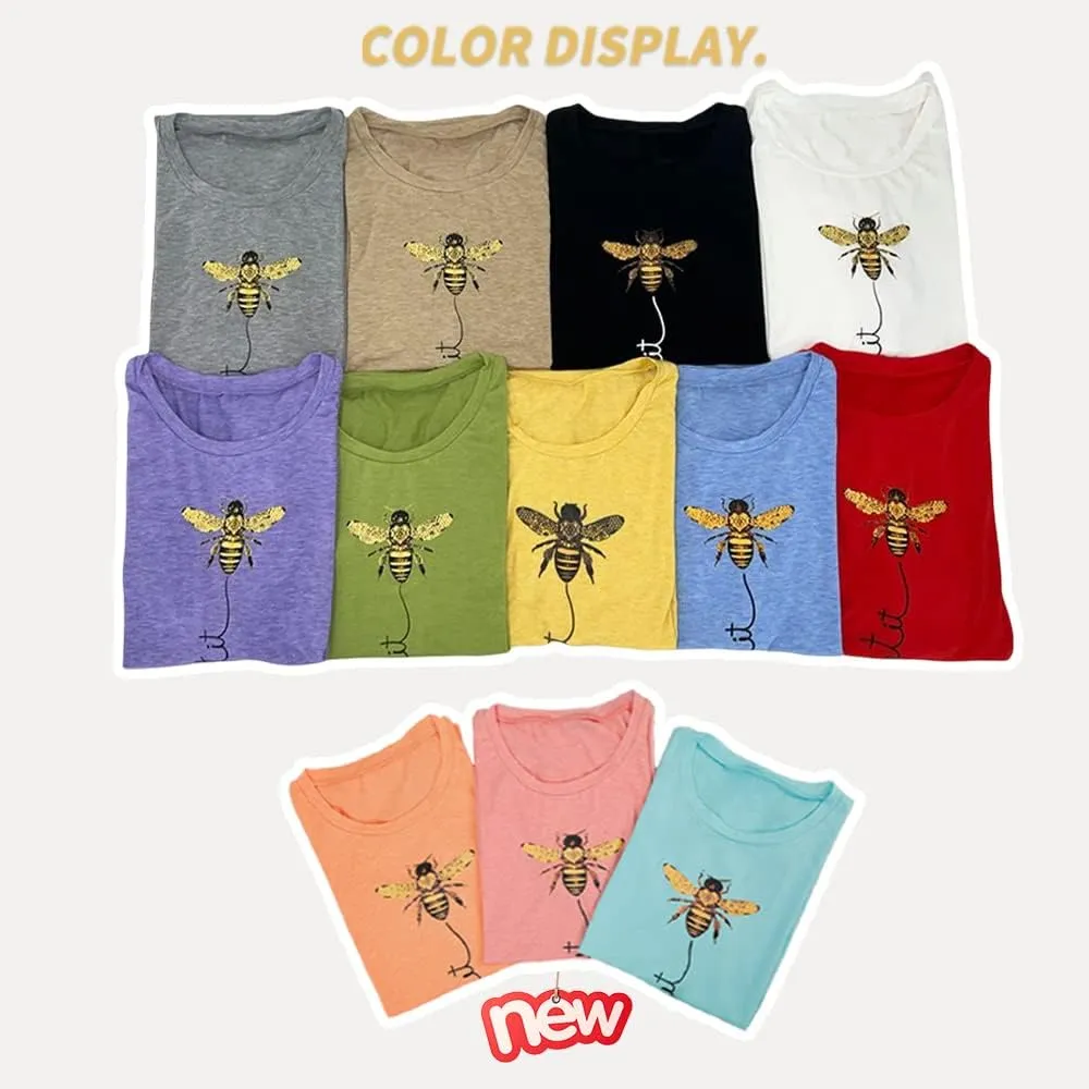 Pfvkeree Womens Cute Bee Graphic Tee Shirts Short Sleeve Let It Bee Funny Letter Print Summer T-Shirt Tops