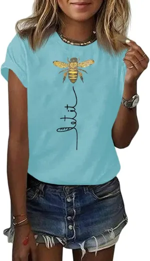 Pfvkeree Womens Cute Bee Graphic Tee Shirts Short Sleeve Let It Bee Funny Letter Print Summer T-Shirt Tops