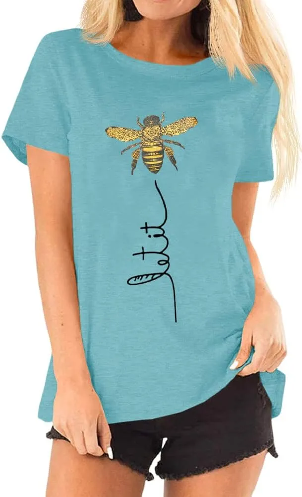 Pfvkeree Womens Cute Bee Graphic Tee Shirts Short Sleeve Let It Bee Funny Letter Print Summer T-Shirt Tops