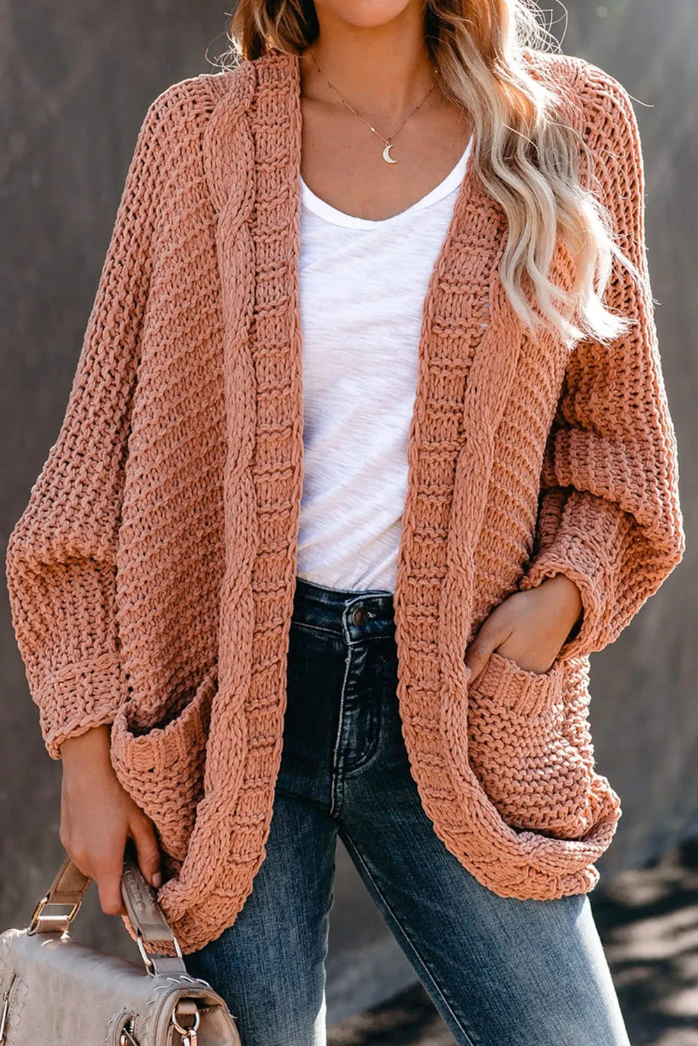 Pink Chunky Knit Pocketed Cardigan